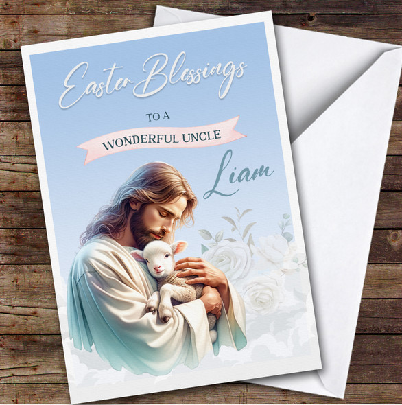 Personalised Easter Card For Uncle Jesus Holding A Lamb