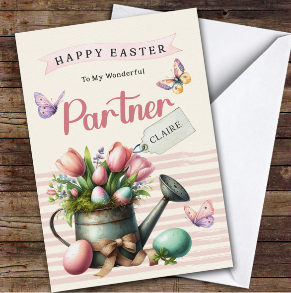 Personalised Easter Card For Partner Eggs Pink Tulips Watering Can