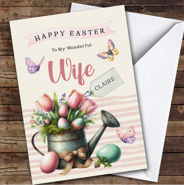 Personalised Easter Card For Wife Eggs Pink Tulips Watering Can