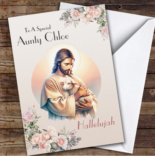 Personalised Easter Card For Aunty Jesus Holding Lamb