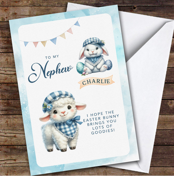 Nephew Personalised Easter Card Blue Cute Baby Sheep & Bunny