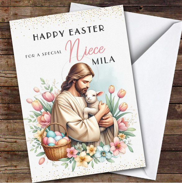 Niece Personalised Easter Card Jesus Holding Lamb