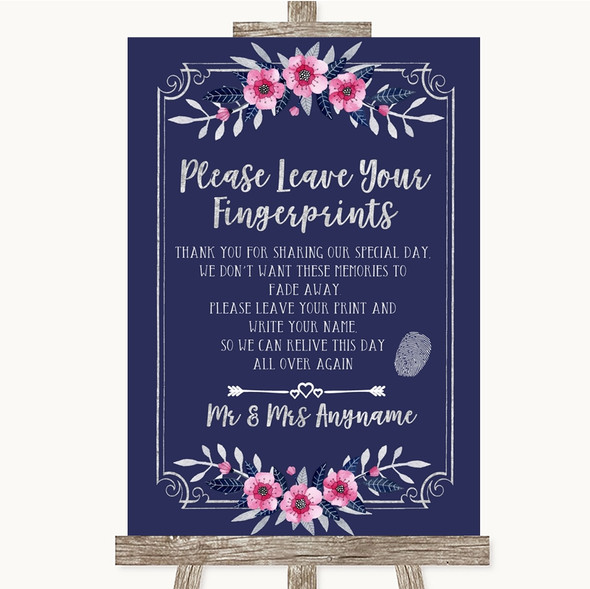 Navy Blue Pink & Silver Fingerprint Guestbook Personalised Wedding Sign
