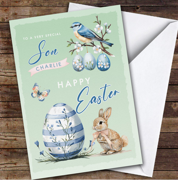Personalised Easter Card For Son Blue Egg Bunnies