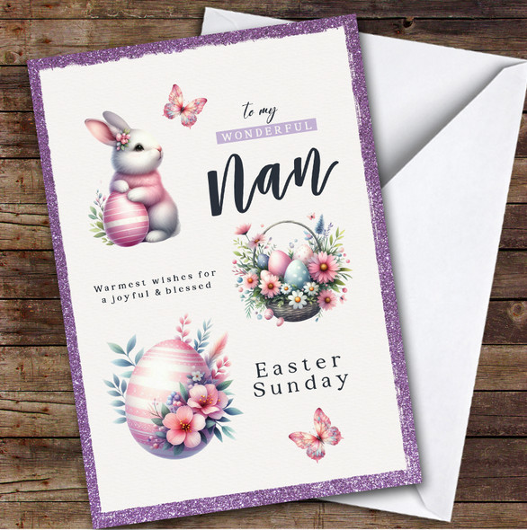 Personalised Easter Card For Nan Pink Bunny Eggs