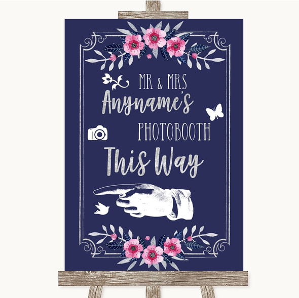 Navy Blue Pink & Silver Photobooth This Way Left Personalised Wedding Sign