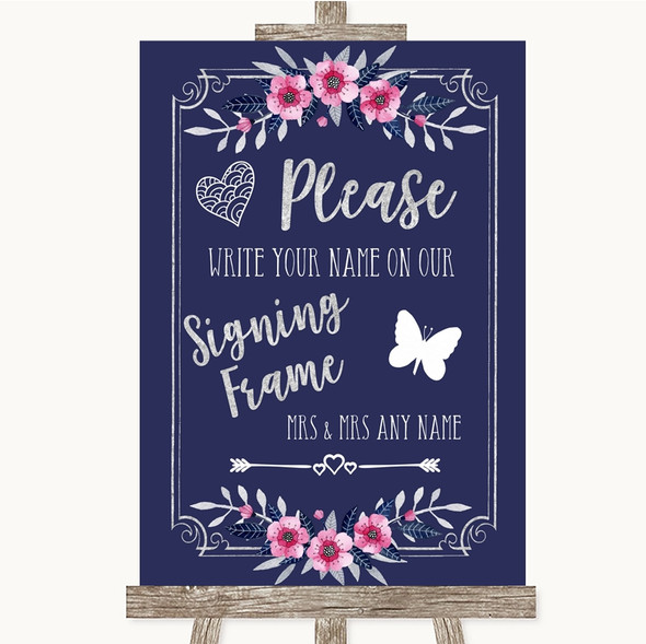 Navy Blue Pink & Silver Signing Frame Guestbook Personalised Wedding Sign