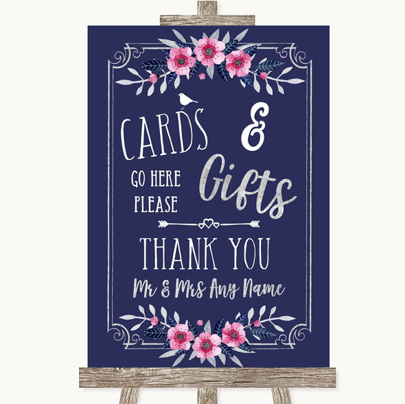 Navy Blue Pink & Silver Cards & Gifts Table Personalised Wedding Sign