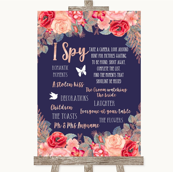 Navy Blue Blush Rose Gold I Spy Disposable Camera Personalised Wedding Sign