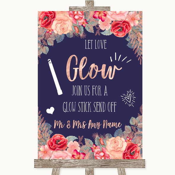 Navy Blue Blush Rose Gold Let Love Glow Glowstick Personalised Wedding Sign