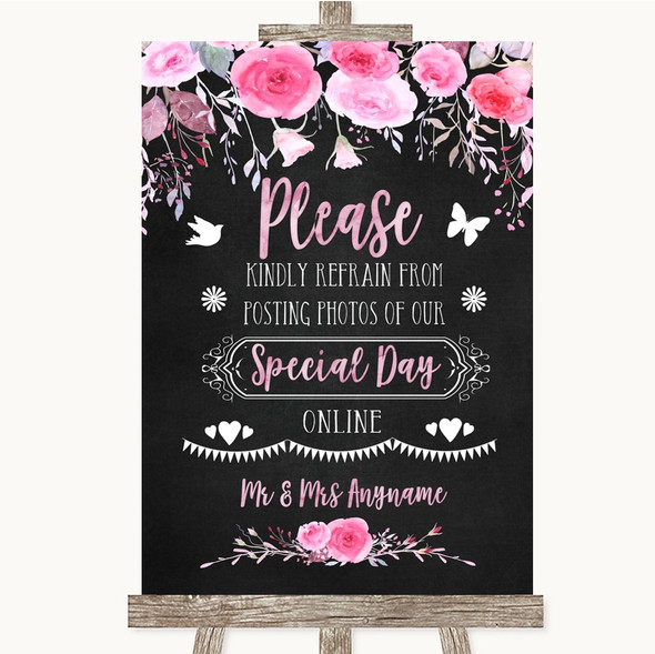 Chalk Watercolour Pink Floral Don't Post Photos Online Social Media Wedding Sign