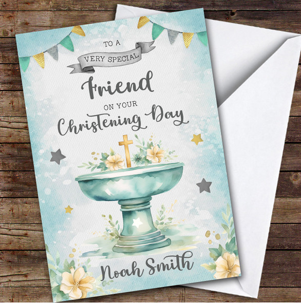 Personalised Christening Day Card For Friend Cross Font Green