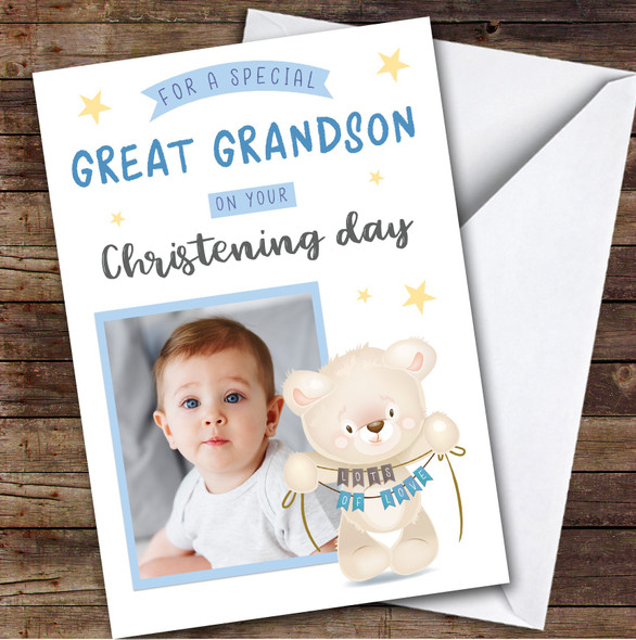 Personalised Christening Day Card For Great Grandson Photo Bear Blue