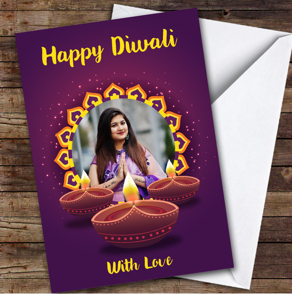 Personalised Diwali Card For Anyone Photo Candles Purple