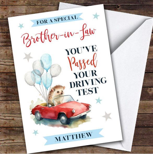 Personalised Passed Driving Test Card For Brother-In-Law Hedgehog Car Balloons