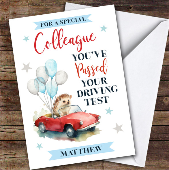Personalised Passed Driving Test Card For Colleague Hedgehog Car Balloons
