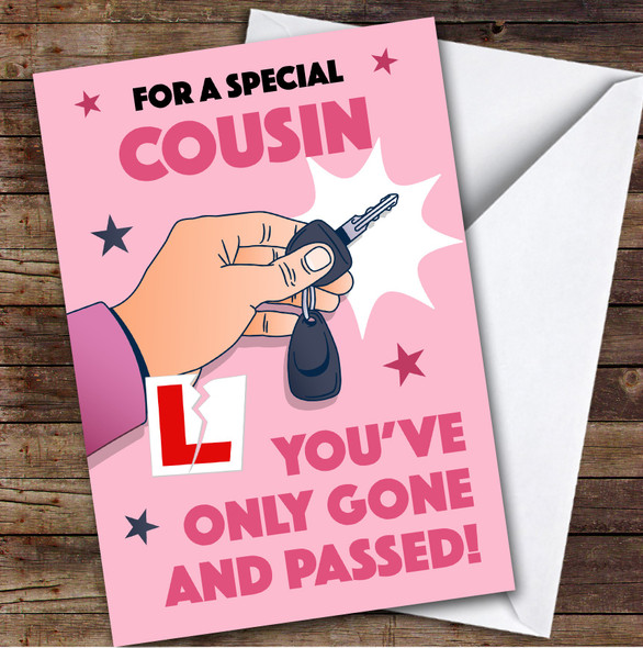Personalised Passed Driving Test Card For Cousin Car Key Pink