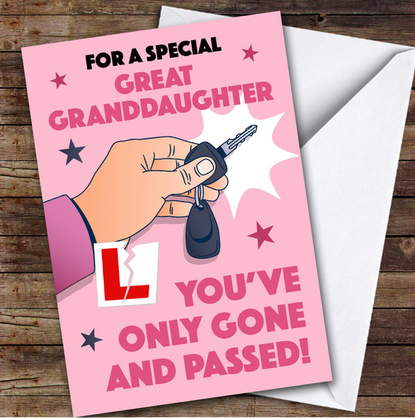 Personalised Passed Driving Test Card For Great Granddaughter Car Key Pink