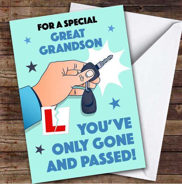 Personalised Passed Driving Test Card For Great Grandson Car Key Blue