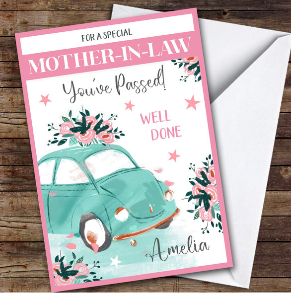 Personalised Passed Driving Test Card For Mother-In-Law Car Flowers Pink