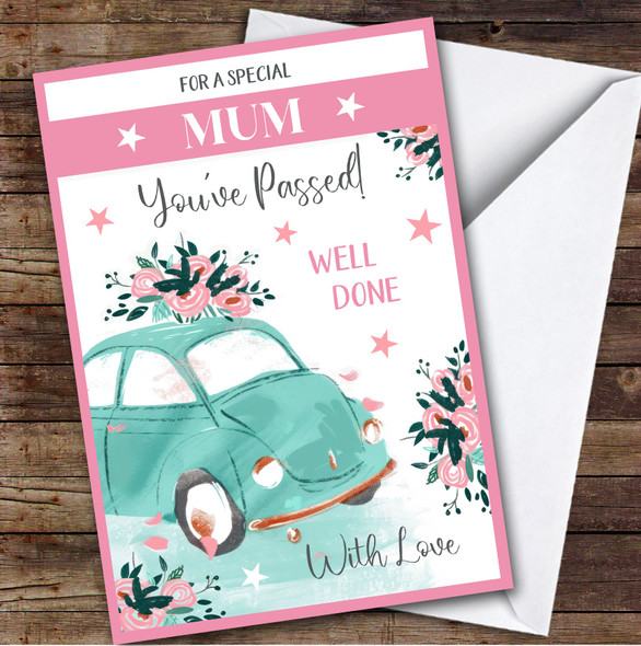 Personalised Passed Driving Test Card For Mum Car Flowers Pink