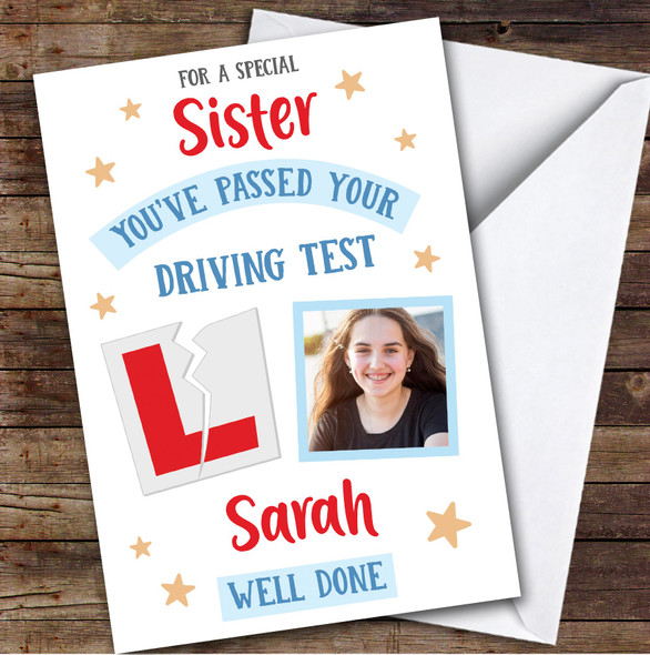 Personalised Passed Driving Test Card For Sister Photo L Plate Star
