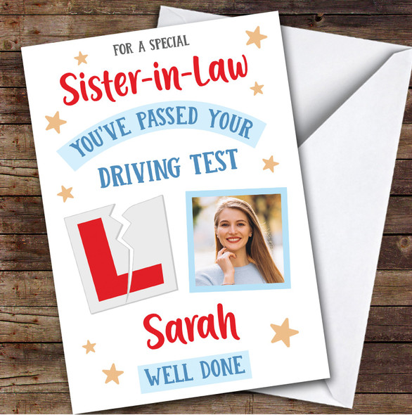 Personalised Passed Driving Test Card For Sister-In-Law Photo L Plate Star