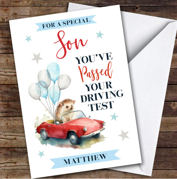 Personalised Passed Driving Test Card For Son Hedgehog Car Balloons