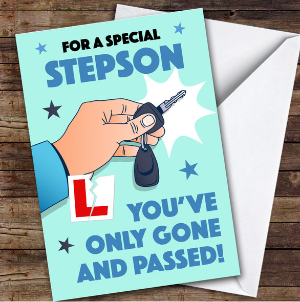 Personalised Passed Driving Test Card For Stepson Car Key Blue
