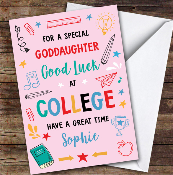 Personalised Off To College Card For Goddaughter Bright Doodle Pink