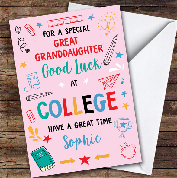 Personalised Off To College Card For Great Granddaughter Bright Doodle Pink