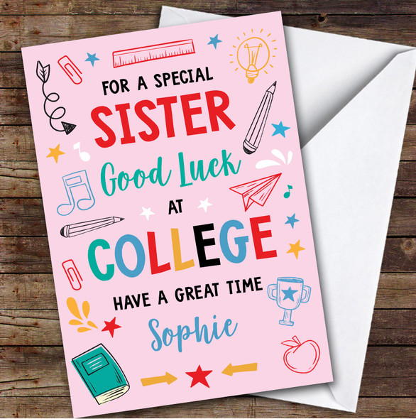 Personalised Off To College Card For Sister Bright Doodle Pink