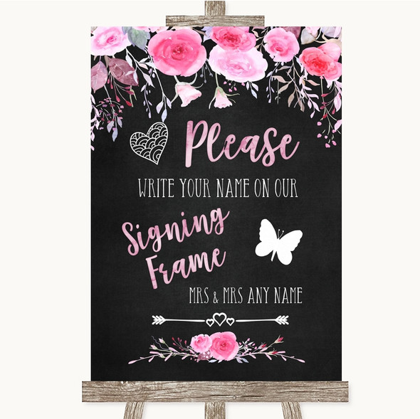 Chalk Style Watercolour Pink Floral Signing Frame Guestbook Wedding Sign