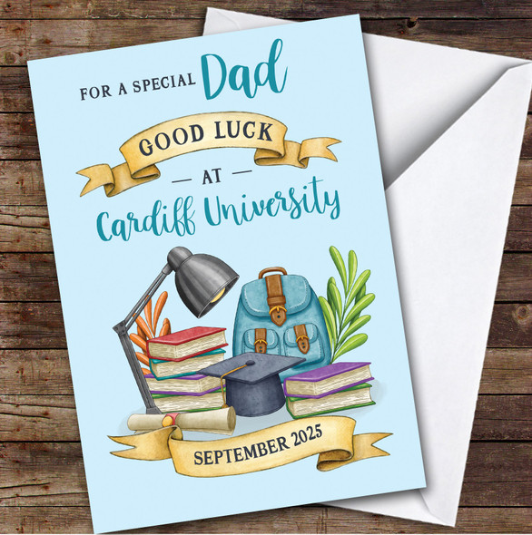 Personalised Off To University Card For Dad Blue Book Backpack