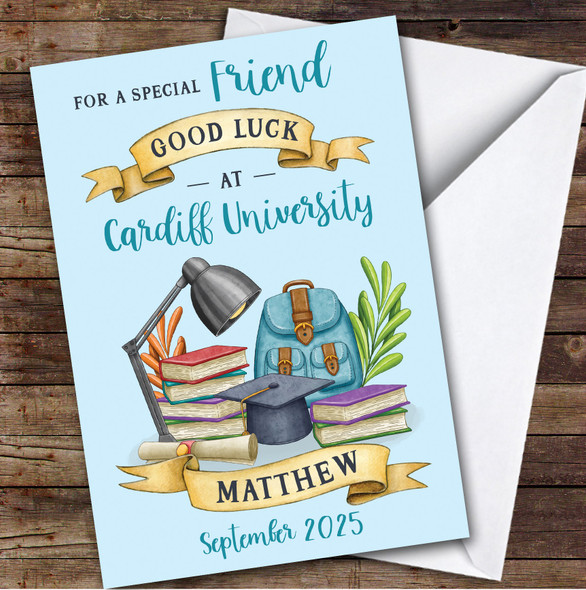 Personalised Off To University Card For Friend Blue Book Backpack