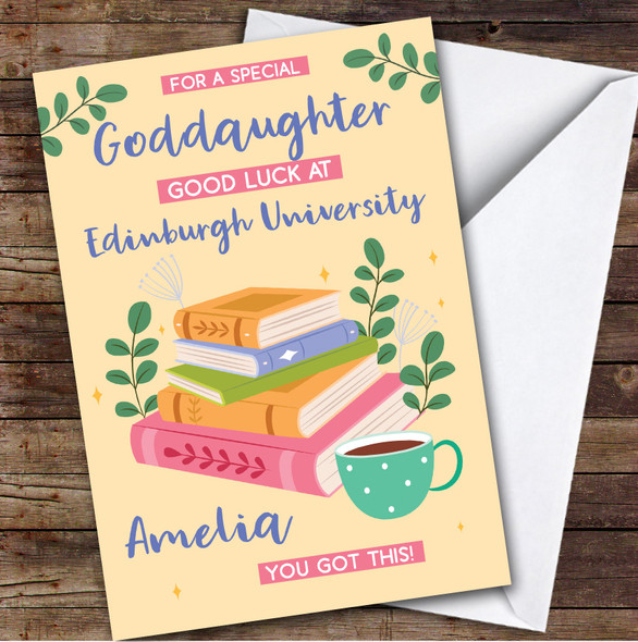 Personalised Off To University Card For Goddaughter Books Mug Yellow