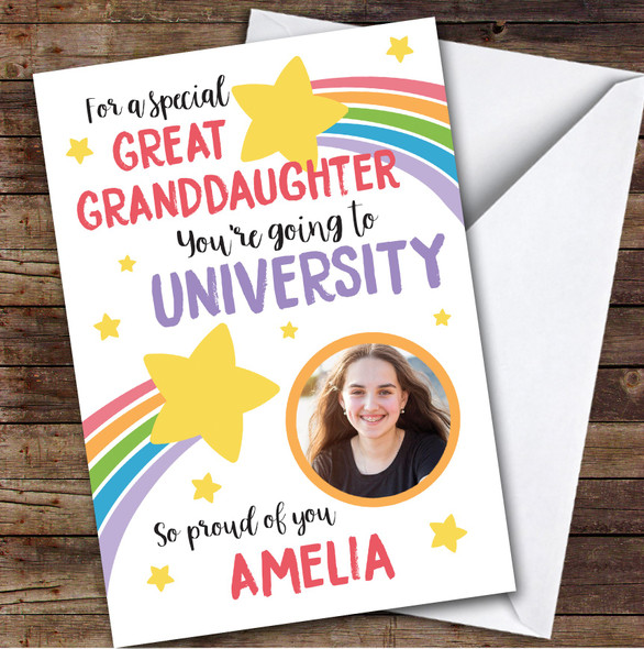 Personalised Off To University Card For Great Granddaughter Photo Rainbow Star