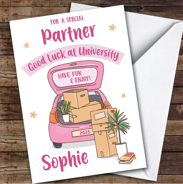 Personalised Off To University Card For Partner Pink Car Moving Boxes
