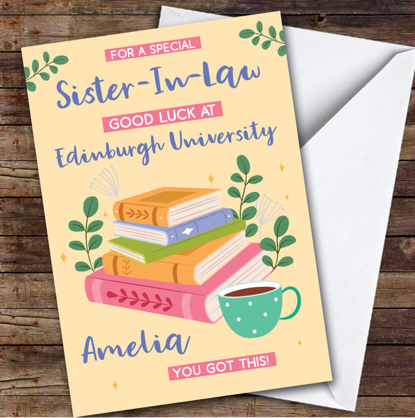 Personalised Off To University Card For Sister-In-Law Books Mug Yellow