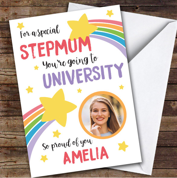 Personalised Off To University Card For Stepmum Photo Rainbow Star
