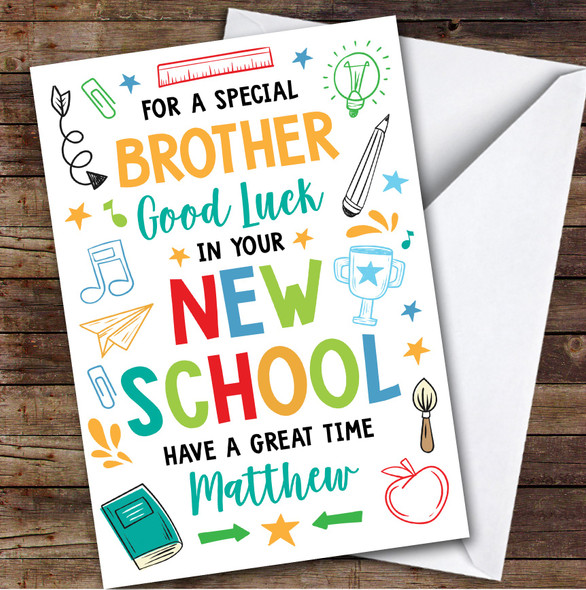 Personalised Going To New School Card For Brother Bright Doodle