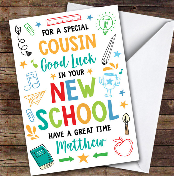 Personalised Going To New School Card For Cousin Bright Doodle Personalised Going To New School Card For Cousin Bright Doodle