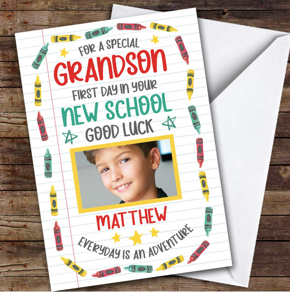 Personalised Going To New School Card For Grandson Photo Crayons
