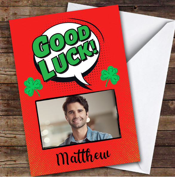 Personalised Good Luck Card For Anyone Photo Comic Book Red