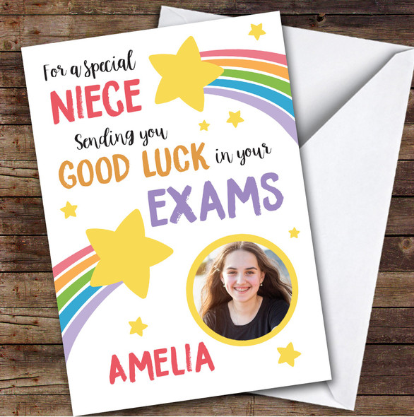 Personalised Good Luck In Exams Card For Niece Photo Rainbow Star
