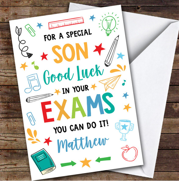 Personalised Good Luck In Exams Card For Son Bright Doodle