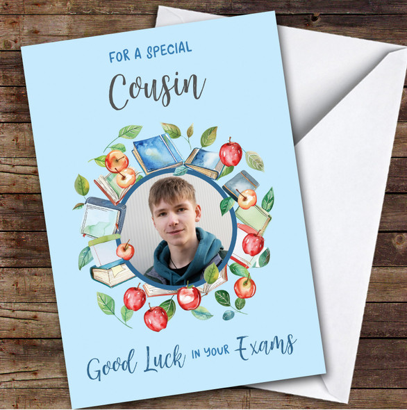 Personalised Good Luck In Your Exams Card For Cousin Photo Apple Books Blue