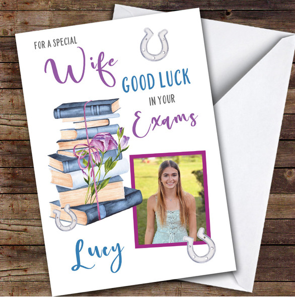 Personalised Good Luck In Your Exams Card For Wife Photo Purple Books