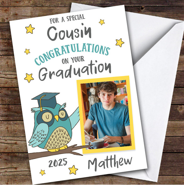 Personalised Graduation Card For Cousin Photo Green Owl