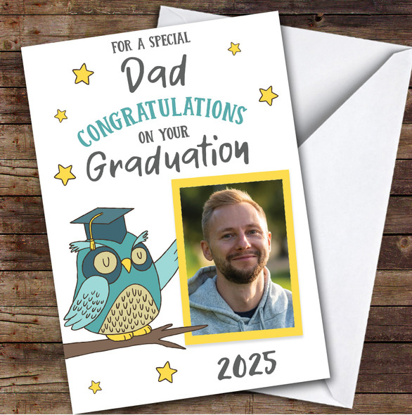 Personalised Graduation Card For Dad Photo Green Owl